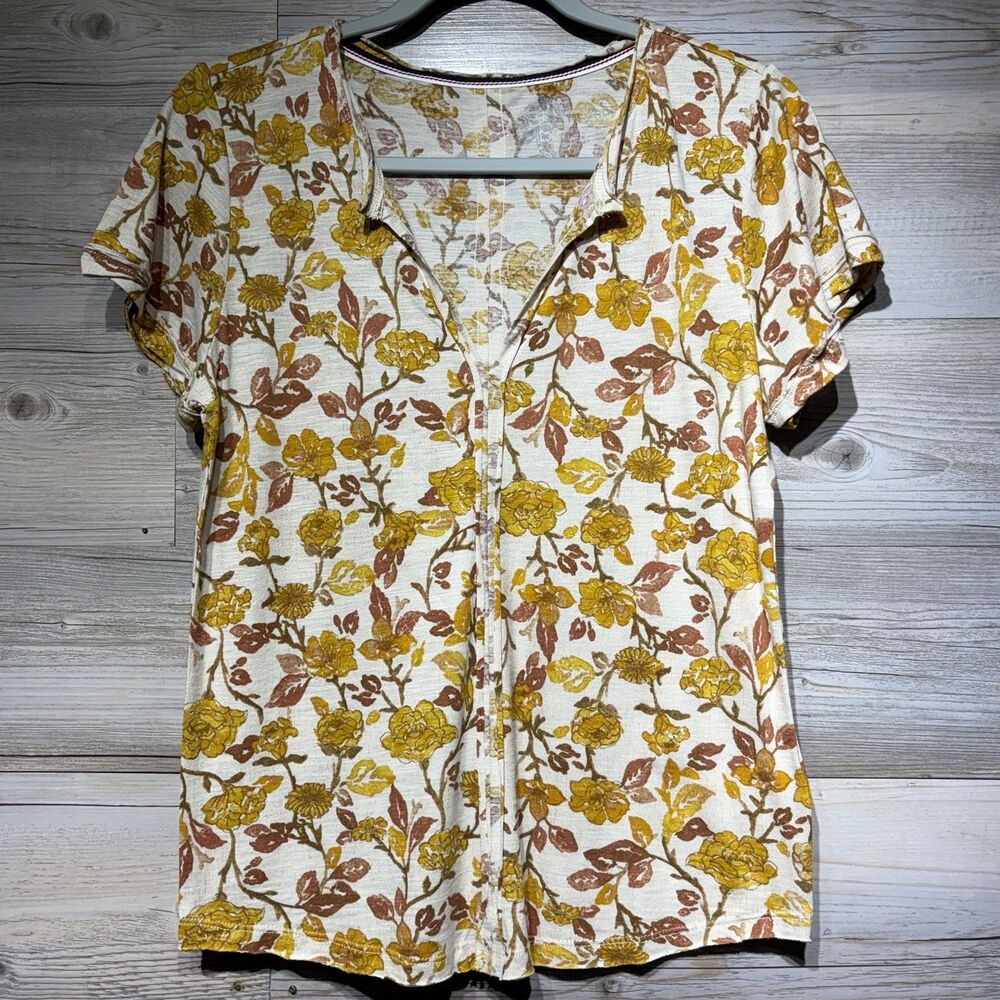 Pilcro Anthropologie Split Neck Tee Top Autumn Retro Floral Raw Seams Size Small
